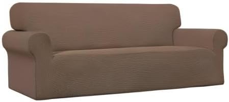 Easy-Going Stretch Sofa Slipcover 1-Piece Sofa Cover Furniture Protector Couch Soft with Elastic Bottom for Kids, Polyester Spandex Jacquard Fabric Small Checks (Sofa, Brown)