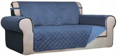 PureFit Reversible Quilted Sofa Cover, Water Resistant Slipcover Furniture Protector, Washable Couch Cover with Non Slip and Elastic Straps for Kids, Dogs (Oversized Loveseat, Dark Blue/Light Blue)
