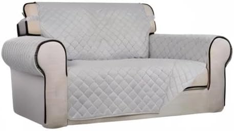 PureFit Reversible Quilted Sofa Cover, Water Resistant Slipcover Furniture Protector, Washable Couch Cover with Non Slip and Elastic Straps for Kids, Dogs, Pets (Loveseat, Light Gray/Light Gray)