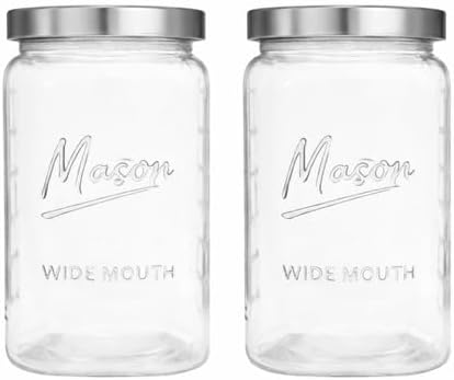 1 Gallon Glass Jars with Lids - Extra Large Mason Jars Wide Mouth with Airtight Metal Screw On Lids - Square Glass Storage Containers with Measurements for Flour, Sugar, Cookies & Pickling, 2 Pack