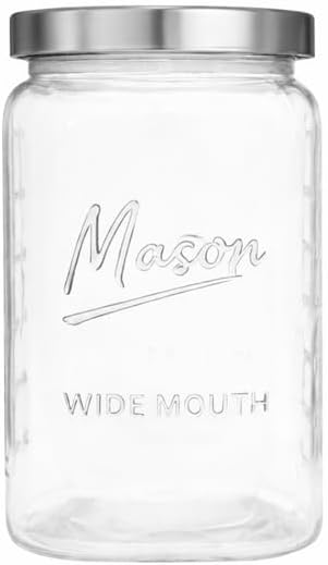 kitchentoolz 1 Gallon Glass Jar with Lid - Extra Large Mason Jar Wide Mouth with Airtight Metal Screw On Lid - Square Glass Storage Container with Measurements for Flour, Sugar, Cookies & Pickling