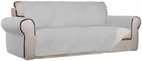 PureFit Reversible Quilted Sofa Cover, Water Resistant Slipcover Furniture Protector, Washable Couch Cover with Non Slip Foam and Elastic Straps for Kids, Pets (Sofa,Light Gray/Ivory) Large