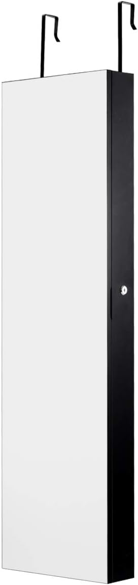 GOFLAME Jewelry Cabinet Wall Door Mounted, 47.5” Frameless Full Length Mirror with Storage & LED Lights, Lockable Jewelry Armoire Organizer for Women, Girls, Black
