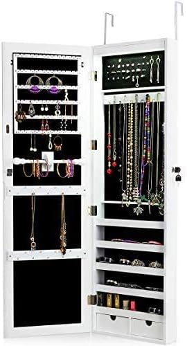 GOFLAME Jewelry Armoire Mirror Cabinet Door/Wall Mount Lockable W/LED lights Two Drawers Length Mirror Jewelry Storage Organizer White (White)
