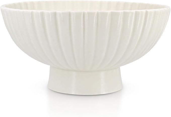 Modern 8 Inch White Ceramic Fruit Bowl - Small Footed Pedestal Fruit Bowl for Kitchen Counter, Farmhouse Chic Centerpiece for Dining Coffee Table & Home Decor,Key Ruffle Bowl for Entryway Table 