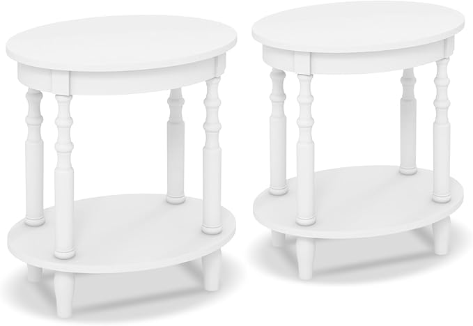 Giantex Oval End Tables Set of 2, 2-Tier Side Tables with Storage Shelf & Solid Wood Legs, Modern Living Room Accent Table, Wood Nightstand for Bedroom, Small Space, 20.5"L x 15.5"D x 24.5"H, White