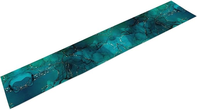 Turquoise Marble Table Runner, Teal Blue Gold River Textured Modern Abstract Art Table Runner for Kitchen Dining Home Party Wedding Decor, 13x70 Inch