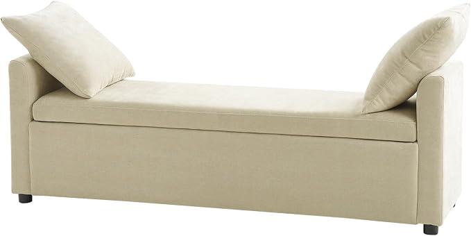 HULALA HOME 59" Storage Bench with 2 Throw Pillows, Modern Long Bedroom Bench for End of Bed, Comfy Upholstered Footstool for Entryway Living Room, Beige