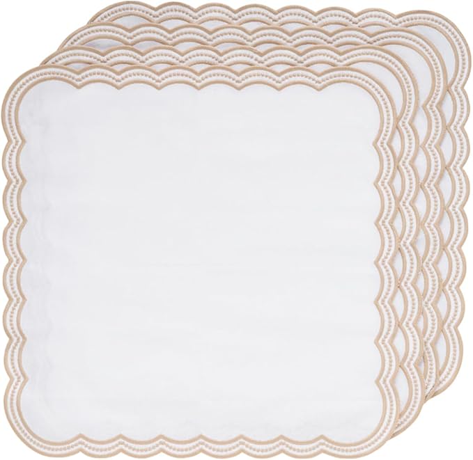 White Napkins with Gold Trim, 100% Cotton, Beige and White Scalloped Embroidery Cloth Napkins Washable Table Dinner for Hotel Restaurant Weddings Events Parties, Set of 4, 18x18