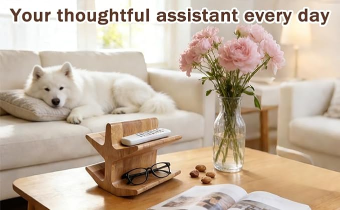 Remote Control Holder with 2-Tiers, Wooden Organizer Stand for TV/Streaming Remotes, Game Controllers, Glasses, Keys | Storage Caddy for Coffee Table, Living Room, Nightstand & Entertainment Center