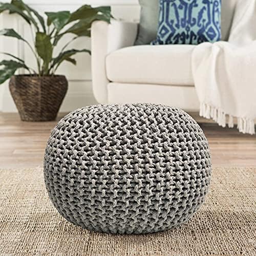 FRELISH DECOR Round Pouf Ottoman Hand Knitted 100% Cotton Pouf Foot Stool - Knitted Bean Bag -Floor Chair for Living Room Bedroom - Foot Rest for Couch (20 Diameter x 14 Height) - Light Grey