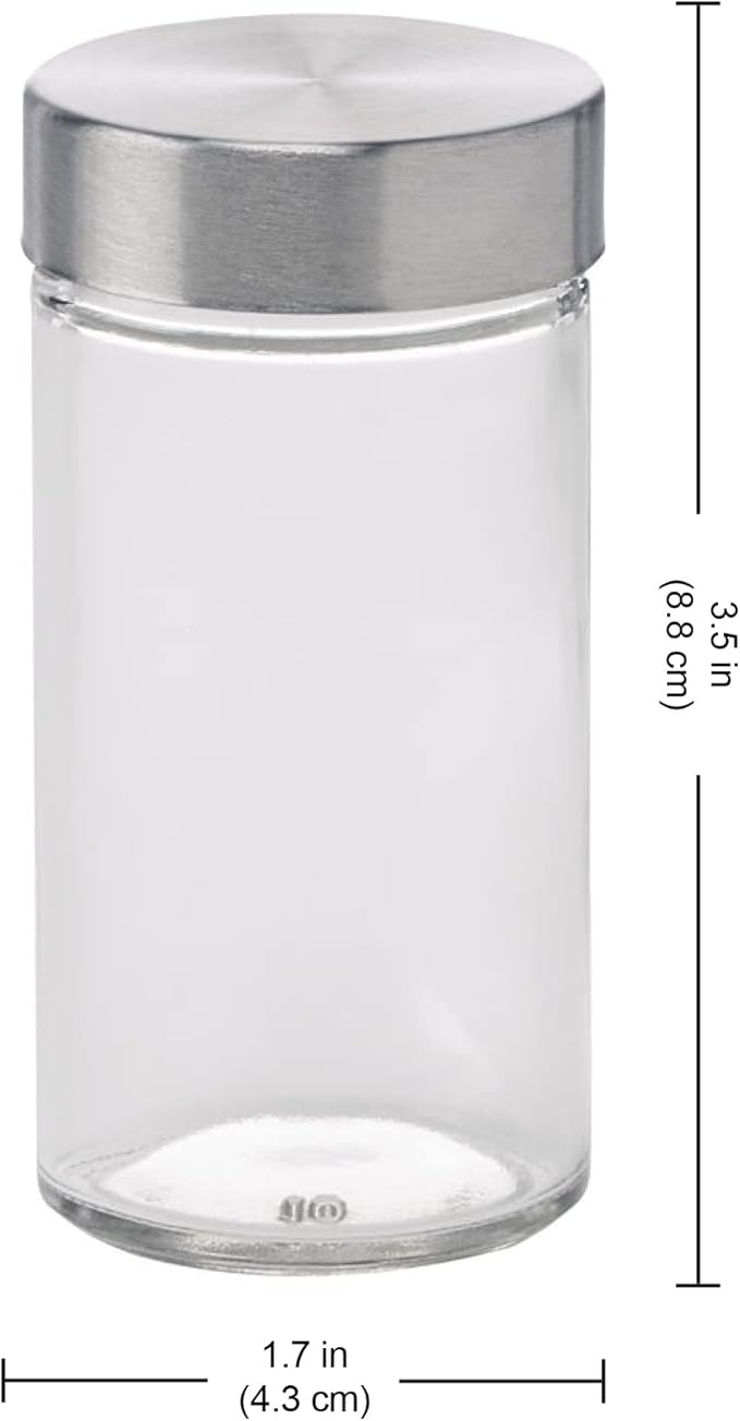 Kamenstein Clear Reusable 3 Oz Jars With Stainless Steel Shaker Lids, And Twist-On Caps For Airtight Seals 12 Pk