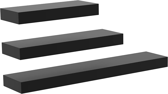 Ballucci Modern Floating Wall Shelves, Set of 3 Wood Wall Mount Ledges for Living Room, Bedroom, Nursery, Bathroom, Kitchen, Office; 12", 16", 24" - Black