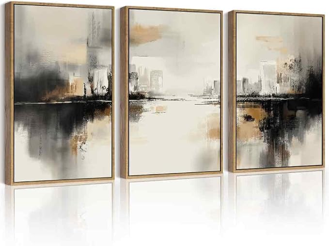 PHOPAGO Black Gray Abstract Landscape Framed Wall Art 16x24in Brown Tan Neutral Wall Decor Minimalist Modern Prints Home Decor - Natural Framed