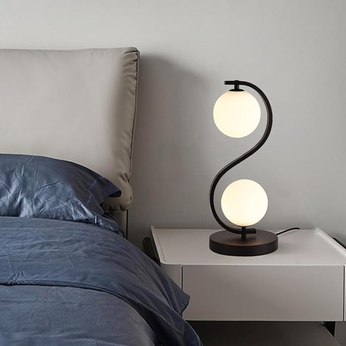 Modern Black S-Shaped Table Lamp 2-Lights Globe Glass Desk Lamp Plug in Metal 3 Color Temperatures Bedside Light Fixtures for Bedroom Living Room Office Study Corner