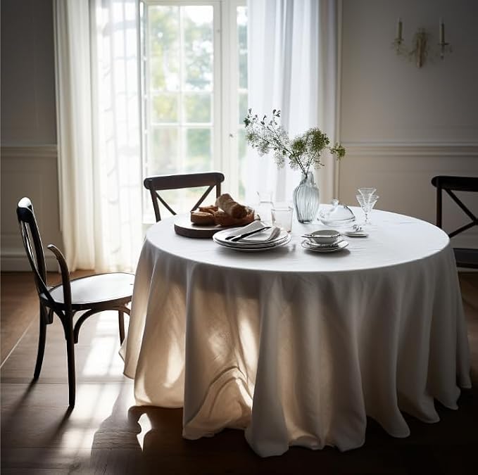EVERLY 100% Pure Linen Round Tablecloth 60Inches for Dining,Buffet Parties,Picnic,Events,Weddings and Restaurants,Decorative Halloween,Thanksgiving Machine Washable Tablecloths-White