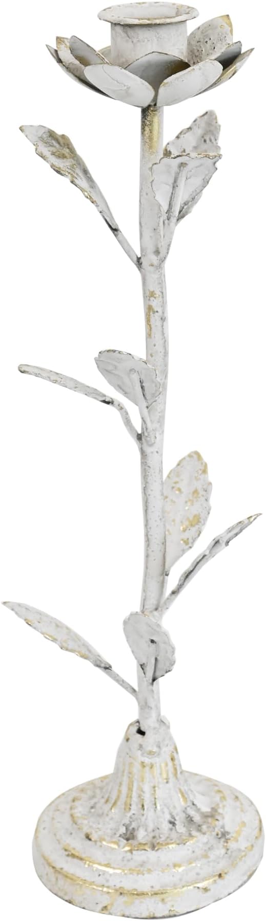 Vintage Metal Taper Flower Candle Holders Set of 2 Rustic Distressed Iron Decor Candlestick Handmade Tall Candle Stick Stands for Centerpiece Table Mantel Wedding Party Home Decoration Rose White