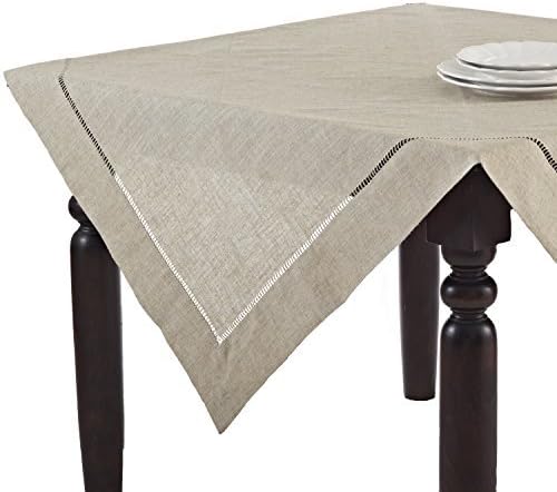 SARO LIFESTYLE Poly and Linen Blend Toscana Tablecloth with Hemstitch Border, Natural, 65"x140"