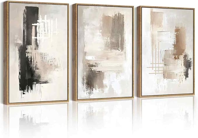 PHOPAGO Modern Abstract Framed Wall Art Mid Century Minimalist Beige Pastel Neutral Wall Decor for Kitchen Hallway - 12x16in Natural Framed
