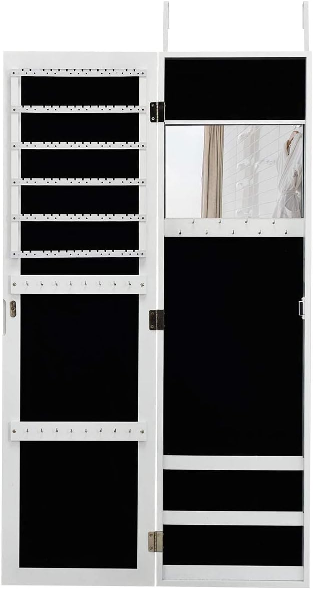 Wall/Door Mounted Jewelry Armoire Cabinet w/Full Length Mirror & Inner Mirror, Wooden Hanging Jewelry Cabinet Organizer w/Make Up Mirror, 3 Shelves, 25 Hooks, Ring & Earring Slots (White)