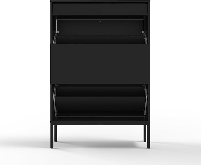 XIAO WEI Shoe Cabinet, Shoe Storage Organizer Cabinet with 2 Flip Wavy Line Drawers, Freestanding Shoe Rack with Adjustable Shelf for Entryway(Black)