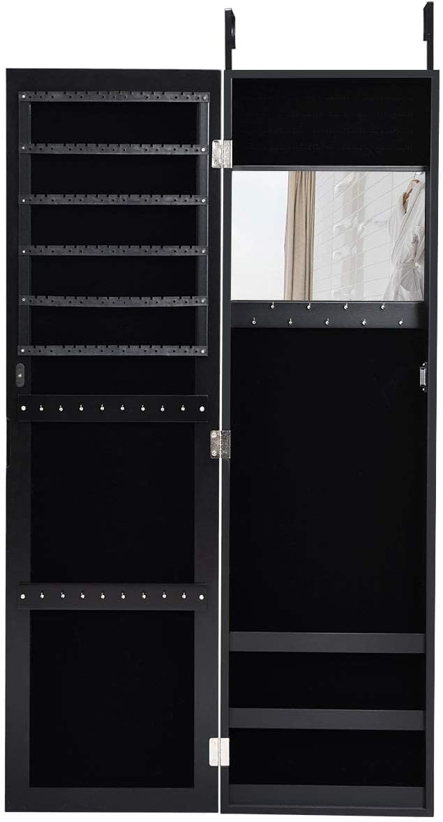 Wall/Door Mounted Jewelry Armoire Cabinet w/Full Length Mirror & Inner Mirror, Wooden Hanging Jewelry Cabinet Organizer w/Make Up Mirror, 3 Shelves, 25 Hooks, Ring & Earring Slots (Black)