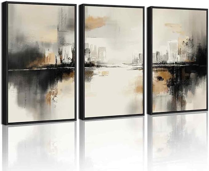 PHOPAGO Black Gray Abstract Landscape Framed Wall Art 16x24in Brown Tan Neutral Wall Decor Minimalist Modern Prints Home Decor - Black Framed