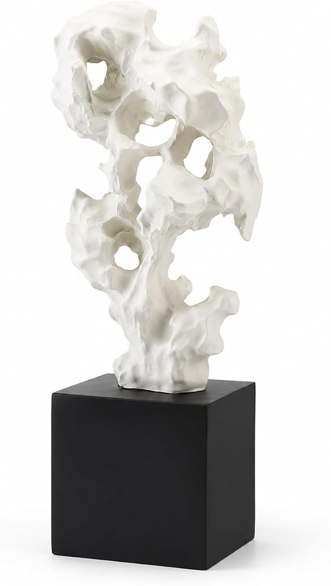 Modern Abstract Sculpture - 11.8" Stone Home Decor, Resin White and Black Art Statues for Living Room, Coffee Table Centerpiece, TV Stand Shelf Bookshelf Decorations