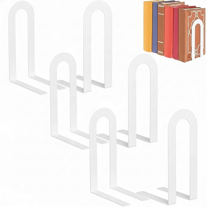 Chunful 6 Pcs Modern Metal Book Ends for Shelves Decorative Small Bookends Book Shelf Organizer Minimalist Design Stopper to Hold Books for Office (Round,White)