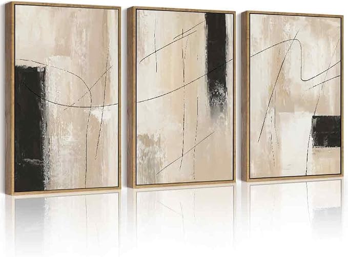 PHOPAGO Abstract Framed Wall Art 16x24in Neutral Beige Mid Century Textured Artwork Decor Modern Black Minimalist Line Illustrations Prints Home Decor - Natural Framed