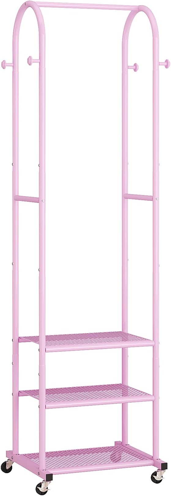 Dttwacoyh Hall Tree with Wheels and Hanging Hooks, Entryway Clothing Rack with Shoe Shelves,Pink Decorative Freestanding Metal Garment Rack Suitable for Hallway,Bedroom and Bathroom – Pink