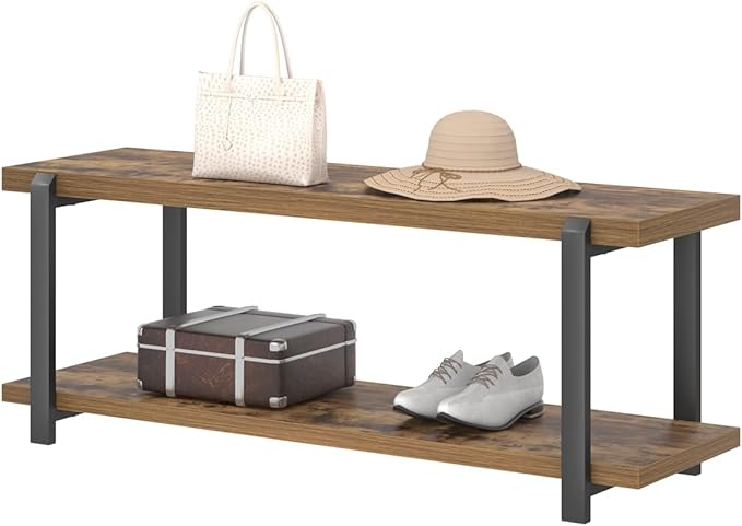 EXCEFUR Entryway Bench, Industrial Shoe Storage Bench for Living Room Bedroom, Rustic Brown