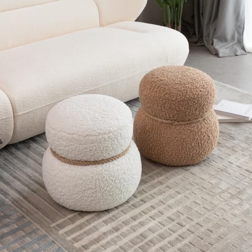 16.15" Cute Small Footrest Ottoman,Teddy Fabric,Snowman Shapes,Modern Round Pouf for Living Room,Apartment, Office,Dorm Decor (White,Snowman)