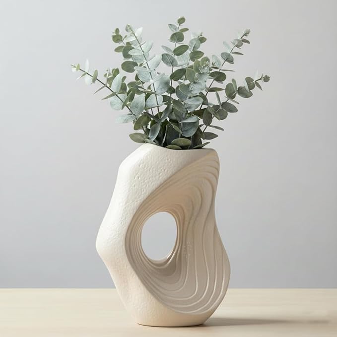 Sunddo Donut Vase - White Ceramic Vase for Home Decor - 11 Inch Modern Boho Vases for Pampas Grass, Entryway, Wedding, Fireplace, Kitchen Counter Decor