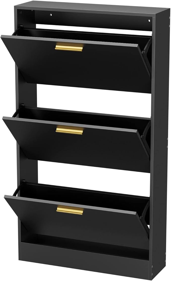 JOZZBY Shoe Cabinet Storage with 3 Flip Drawers for Entryway, Black Slim Freestanding Modern Narrow Shoe Organizer Rack Cabinet for Hallway, Living Room