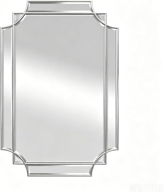 Geometric Beveled Mirror, 30" x 20" Silver Art Deco Mirror with Wood Frame, Rectangle Accent Wall Mirror for Bathroom, Entryway, Living Room, Bedroom, Horizontal or Vertical Hanging
