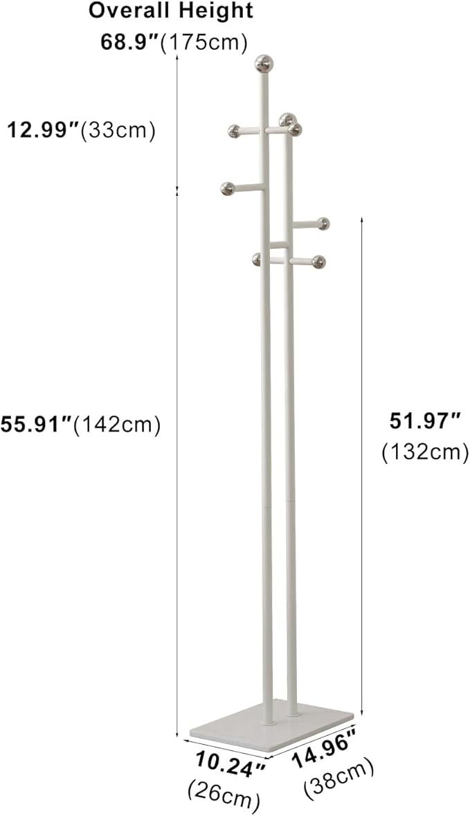 JIAYUEJU Free Standing Coat Rack with Marble Base & 8 Steel Hooks Clothes Rack for Entryway Bedroom Living Room Hotel 14.96 x 10.24 x 68.9 Inches (White)