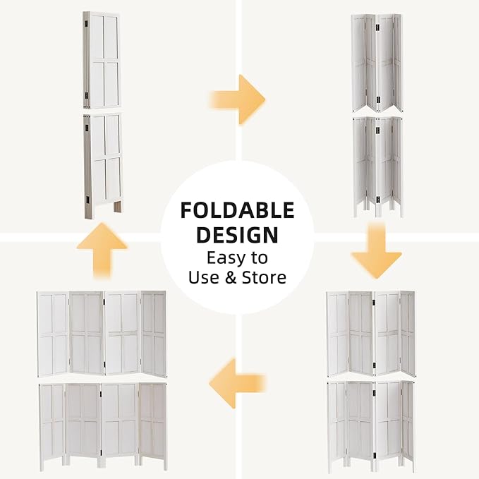 Wood Room Divider 4 Panel, 5.6Ft Detachable Folding Privacy Screen for Room Separation, 33.5" 2in1 Removable Short Wall Divider Screen for Home Office Bedroom, Dog Gate for Isolate Dog-White