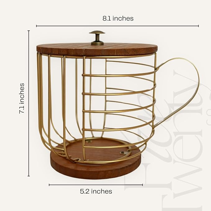 Coffee Pod Holder - Compatible with Nespresso Vertuo Pods and Capsules - Gold Metal K Cup Holder - Cute Coffee Pod Basket w/ Wooden Base & Lid - Coffee Pod Storage - Coffee Bar Decor