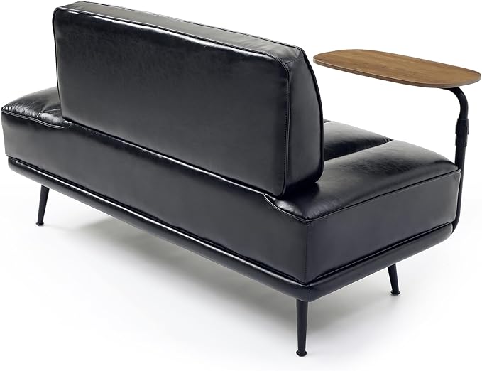 Modern Upholstered End of Bed Bench with 360-Degree Swivel Tray, 2 Seater Sofa Couch with Side Table, Settee Bench with Metal Legs Backrest for Living Room,Entryway,Foyer (PU-With Tray, Black)
