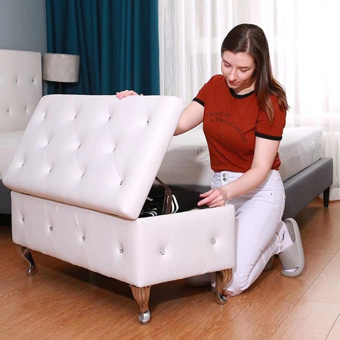 AC Pacific Glam 38 Inches Storage Ottoman Bench for Entryway, Hallway, Living Room, and Bedroom, Upholstered Tufted Faux Leather Ottoman with Storage, Foot Rest and Organizer, Midnight