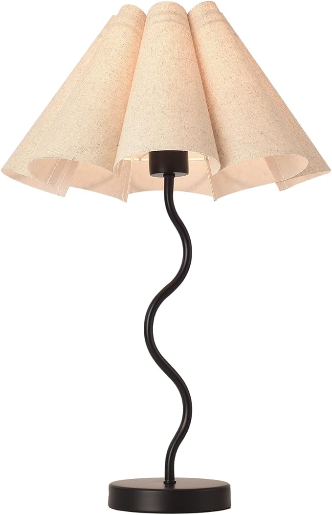 KUNJOULAM Small Table Lamp, Bedside Nightstand Lamp with Umbrella Form Fabric Lampshade Black Base, Morden Mini Desk Lamp for Bedroom Home Office Decor