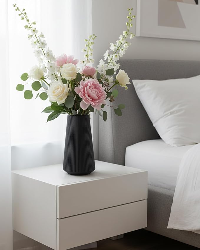 Black Modern Vase, 8 Inch Ceramic Small Ribbed Textured Flower Vase for Pampas Grass & Dried Flowers - Minimalist Home Decor, Watertight, Non-Slip Base