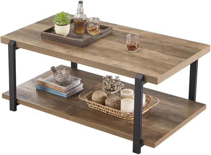 FOLUBAN Industrial Coffee Table with Shelf, Wood and Metal Rustic Cocktail Table for Living Room, Oak