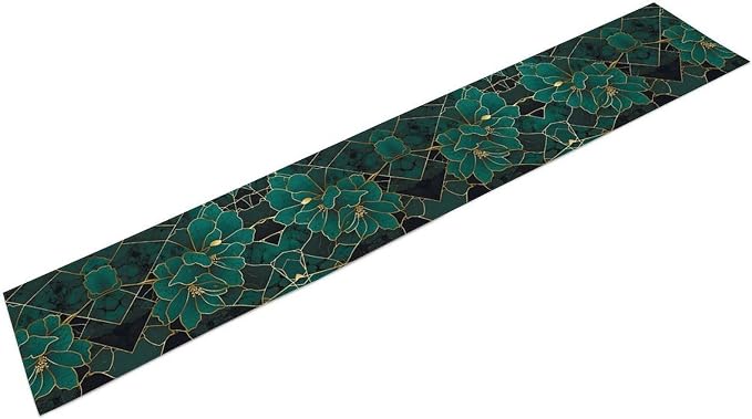 Emerald Marble Table Runner, Dark Green Abstract Flowers Accent Table Runner for Kitchen Dining Party Wedding Decor, 13x108 Inch