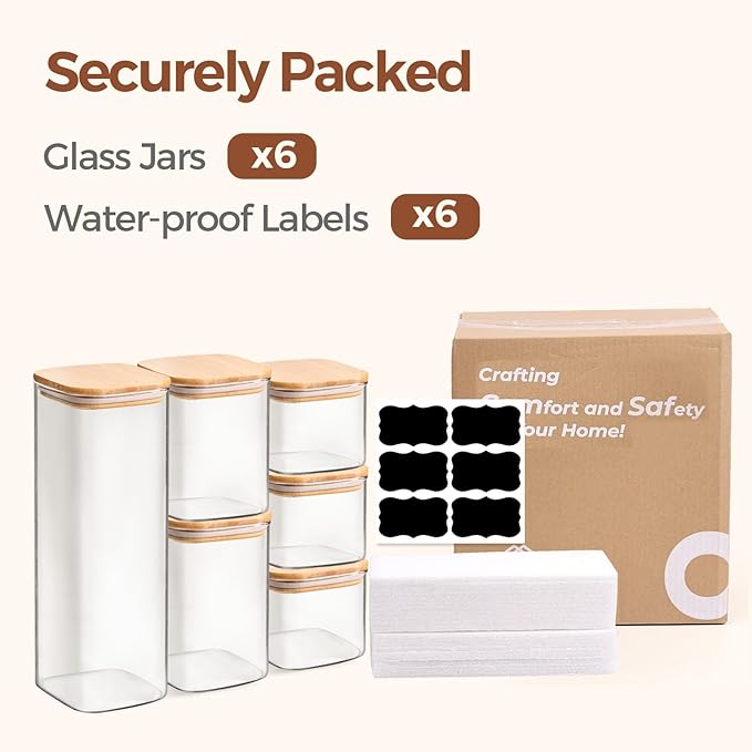 ComSaf Food Storage Containers with Airtight Lids Set of 6, Clear Glass Canister Food Jar with Sealing Lid Kitchen Pantry Storage Container for Spaghetti Pasta Sugar Flour Oat Cereal Beans, Square