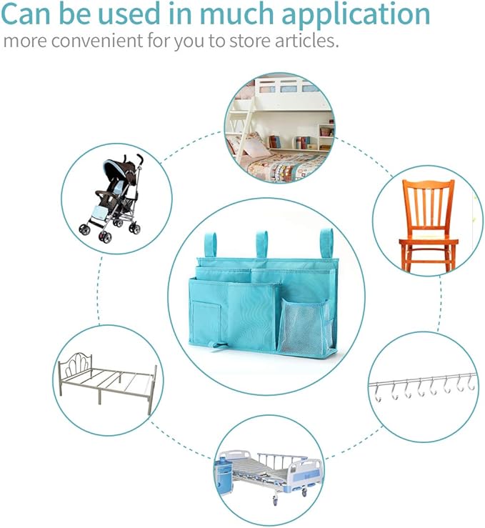 Bseash Bunk Bed Organizer, Bedside Caddy Hanging Bed Organizer Storage Bag 8 Pockets, for College Dorm Rooms Bed, Hospital Bed, Baby Bed Rails, 600D Oxford Cloth (Light Blue)