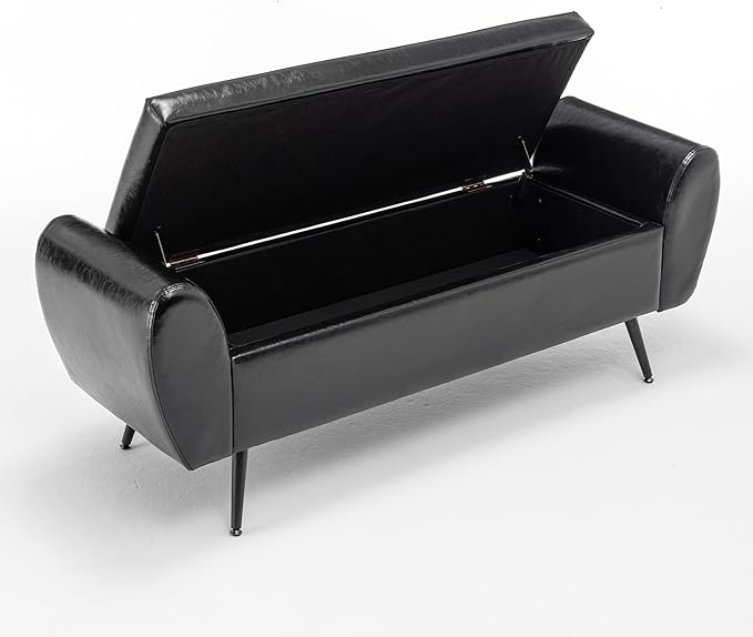 Storage Bench for Bedroom, 55" Extra Long Bench for King Size Bed, Modern Upholstered End of Bed Ottoman Bench with Arms for Entryway Living Room (Vegan Leather, Black)
