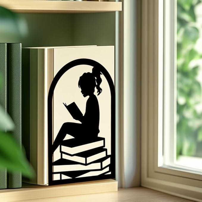 INFUNLY Lady Reading Bookends Decorative Metal Book Ends for Shelves 4.7"×7.1" Non-Skid Heavy Duty Bookends Unique Office Desk Book Stand for Heavy Book Black Book Stopper to Hold Books for Women Gift