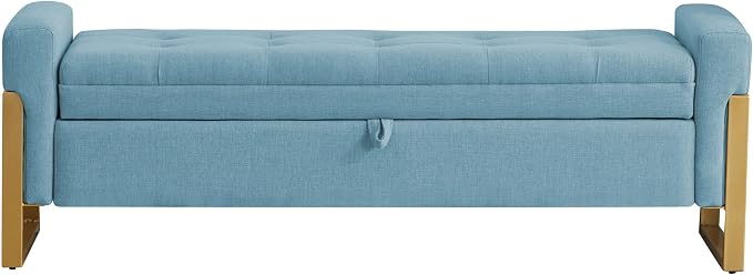 adochr 57" Storage Bench, Linen Upholstered Ottoman with Storage, Large End of Bed Bench with Metal Legs & Button-Tufted,500 lb Capacity, for Living Room, Bedroom, Entryway, Light Blue
